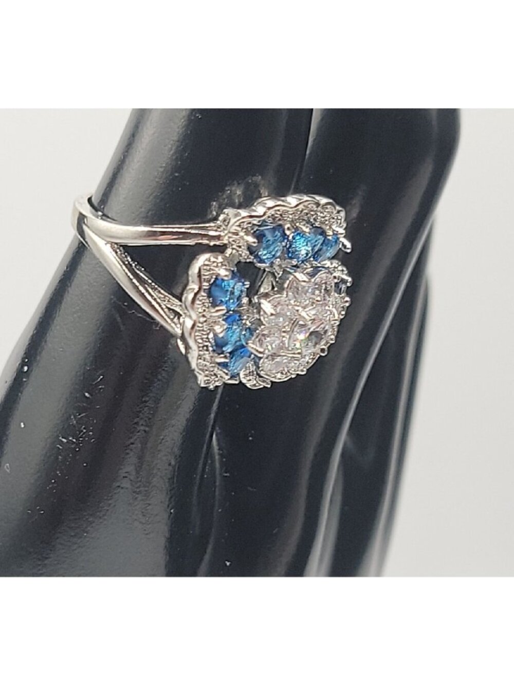 Sterling Silver Crystal Flower Ring Blue Clear Stones 925 Ruffled Petals SZ 9 - Picture 12 of 16